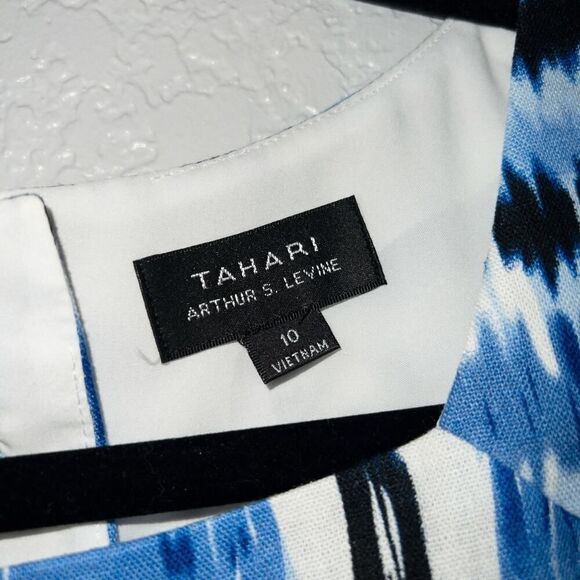 Tahari Arthur S. Levine Blue Ikat Print Linen‎ Blend Dress Size 10 - Picture 4 of 11
